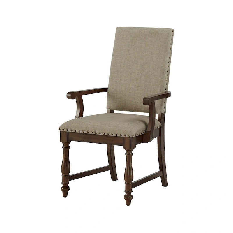 Fauteuil de salle à manger Tom 66 cm, polyester beige, clous décoratifs, bois massif marron