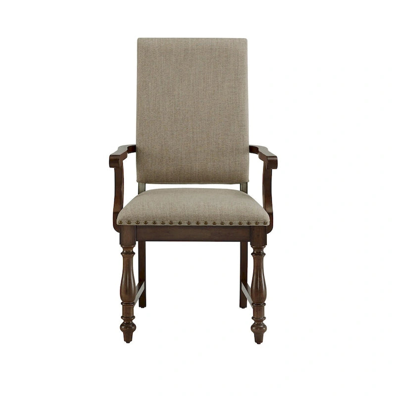 Fauteuil de salle à manger Tom 66 cm, polyester beige, clous décoratifs, bois massif marron
