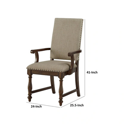 Fauteuil de salle à manger Tom 66 cm, polyester beige, clous décoratifs, bois massif marron