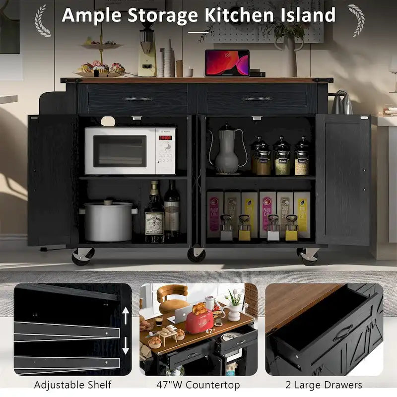 Îlot de cuisine de style campagnard de 53,5 po avec prise électrique