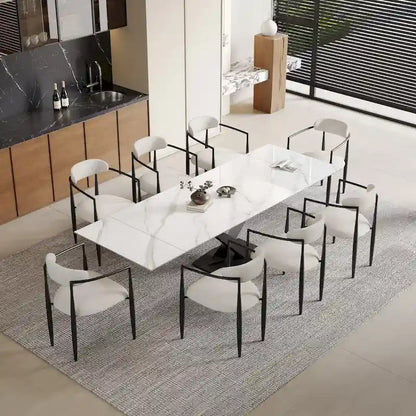 Ensemble de salle à manger 9 pièces, moderne et minimaliste, extensible, avec plateau en pierre frittée et 8 chaises en tissu (94,48 €).