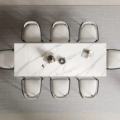 Ensemble de salle à manger 9 pièces, moderne et minimaliste, extensible, avec plateau en pierre frittée et 8 chaises en tissu (94,48 €).