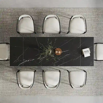 Ensemble de salle à manger 9 pièces, moderne et minimaliste, extensible, avec plateau en pierre frittée et 8 chaises en tissu (94,48 €).