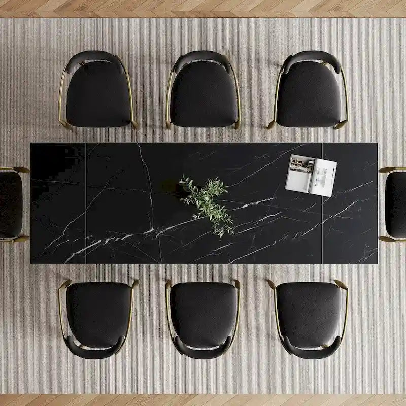 Ensemble de salle à manger 9 pièces, moderne et minimaliste, extensible, avec plateau en pierre frittée et 8 chaises en tissu (94,48 €).