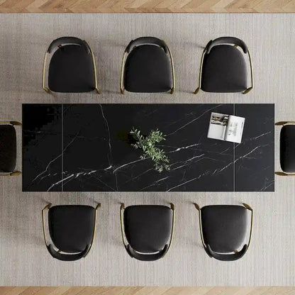 Ensemble de salle à manger 9 pièces, moderne et minimaliste, extensible, avec plateau en pierre frittée et 8 chaises en tissu (94,48 €).