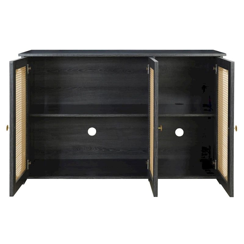 Buffet avec portes en rotin et poignées en métal, offrant un grand espace de rangement