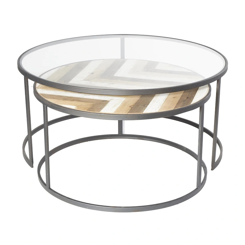 Wooden Nesting Living Room Coffee Table with Clear Glass Top - Set of 2 Gray - Roche River Decor