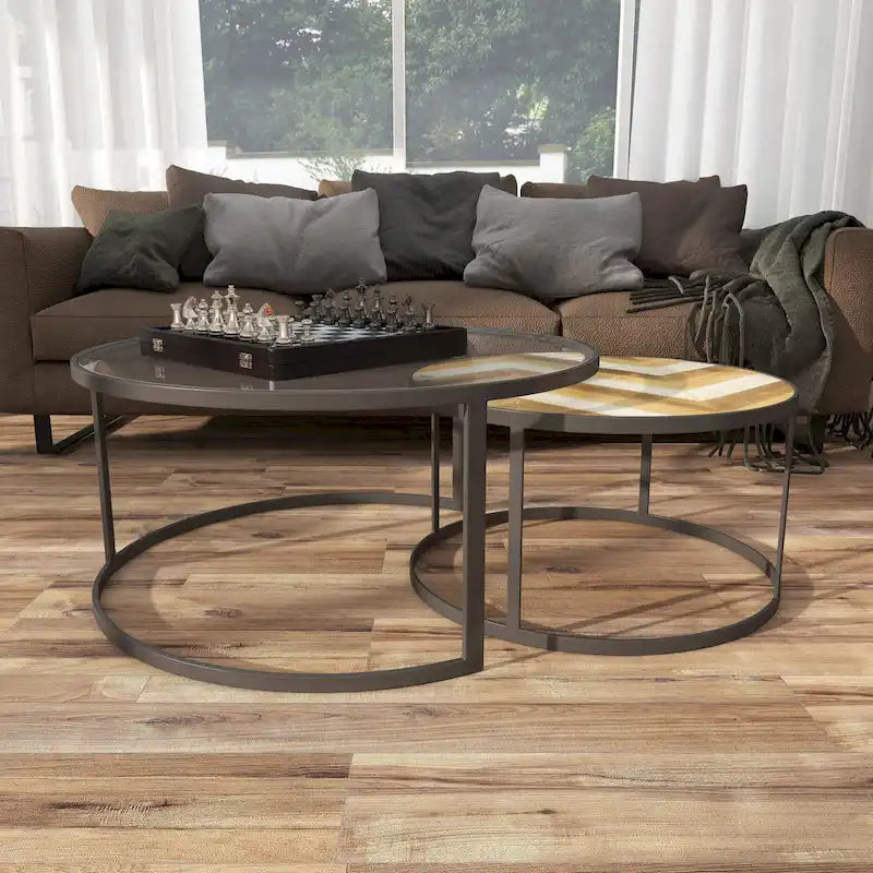 Tables basses gigognes en bois pour salon avec plateau en verre transparent - Lot de 2, gris - Roche River Decor