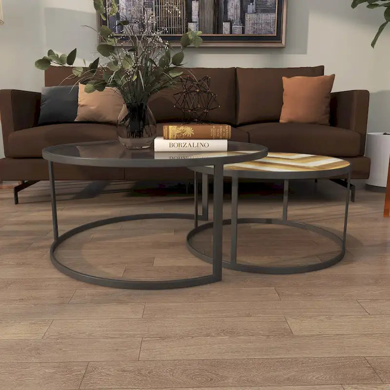 Tables basses gigognes en bois pour salon avec plateau en verre transparent - Lot de 2, gris - Roche River Decor