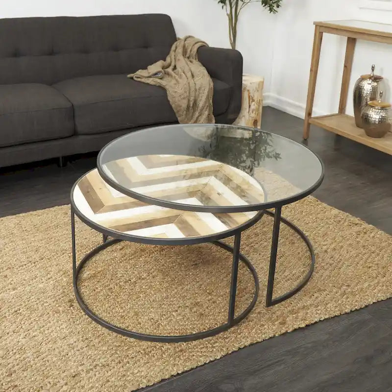 Tables basses gigognes en bois pour salon avec plateau en verre transparent - Lot de 2, gris - Roche River Decor