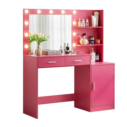 Coiffeuse Roomfitters avec miroir lumineux, table de maquillage avec 2 tiroirs et rangements, table de maquillage avec rangements ouverts