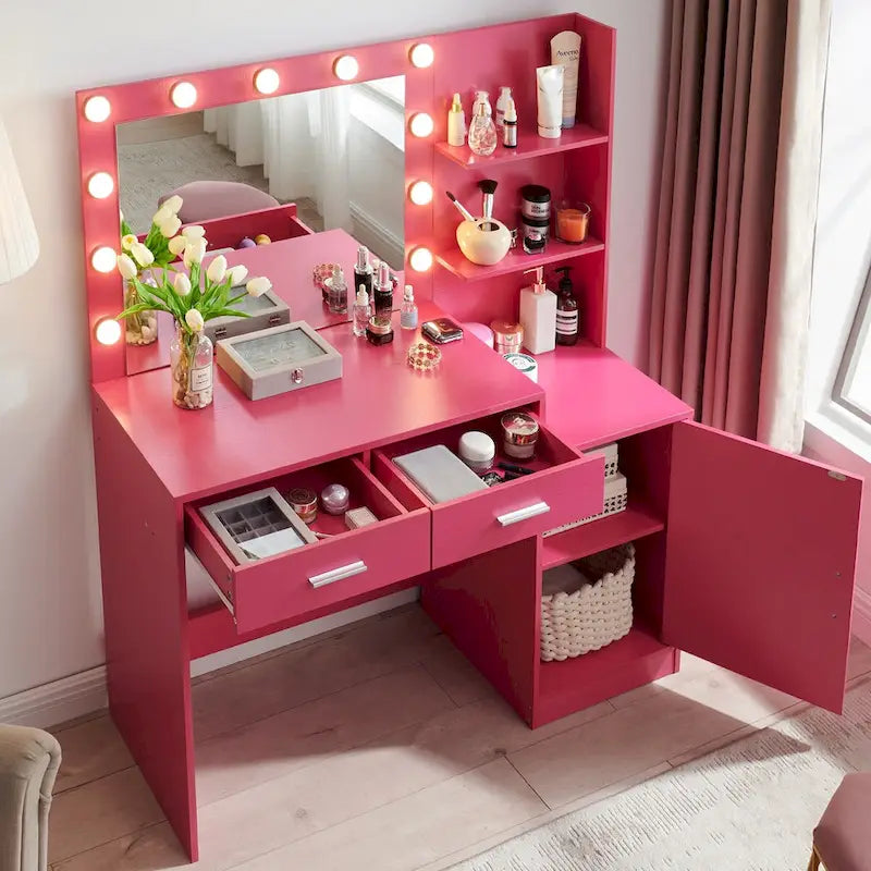 Coiffeuse Roomfitters avec miroir lumineux, table de maquillage avec 2 tiroirs et rangements, table de maquillage avec rangements ouverts