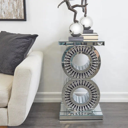 Table d'appoint d'appoint en verre miroir ornée de cristaux - Argent - Roche River Decor