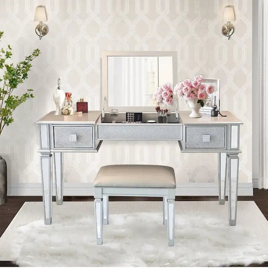2-Drawer Mirrored Dresser with Vanity Table, Flip-Up Mirror, and Stool