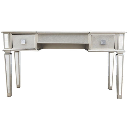 Commode à deux tiroirs avec miroir, coiffeuse, miroir rabattable et tabouret.