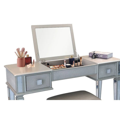 Commode à deux tiroirs avec miroir, coiffeuse, miroir rabattable et tabouret.