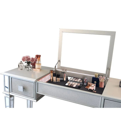Commode à deux tiroirs avec miroir, coiffeuse, miroir rabattable et tabouret.